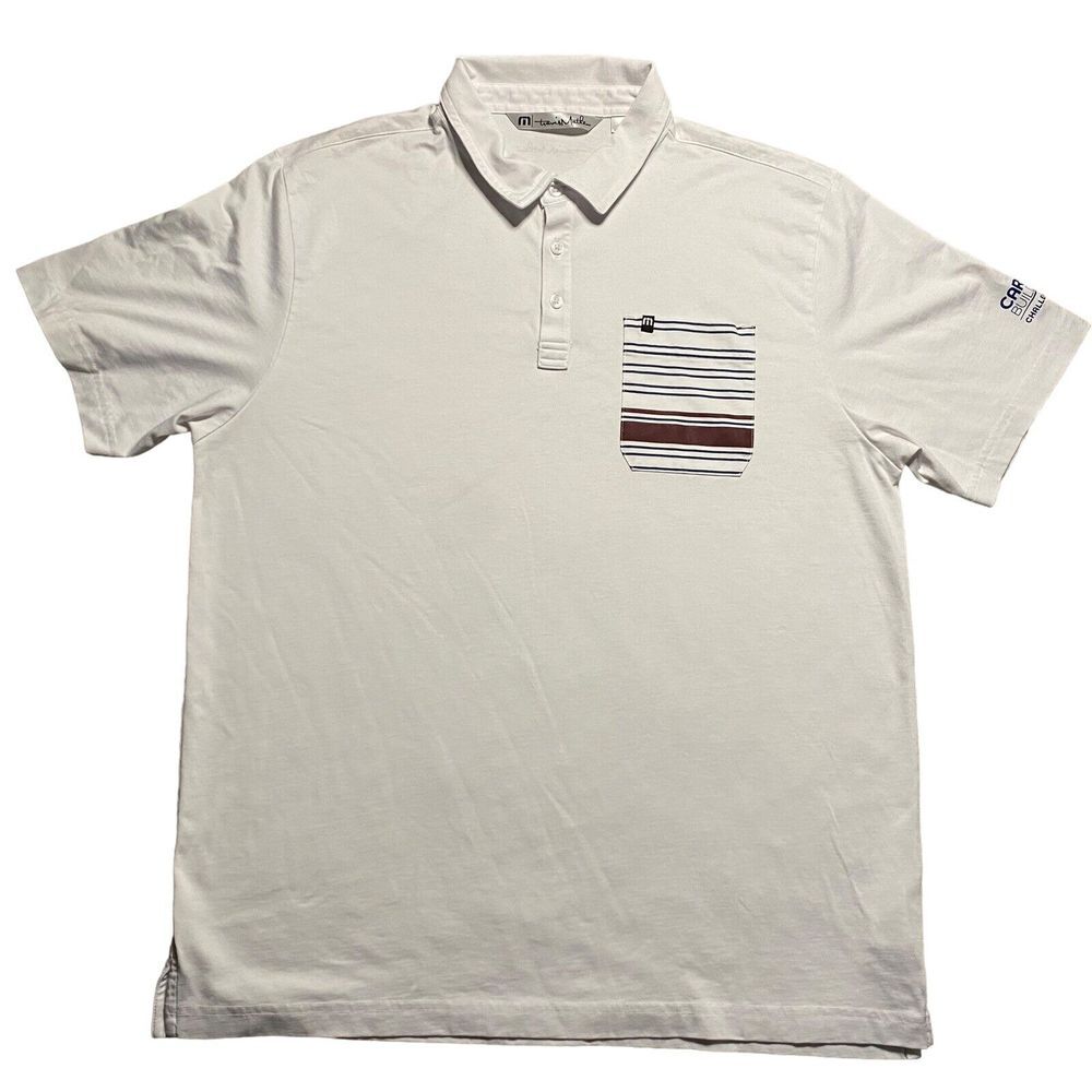 Travis Mathew Mens XL White w Striped Pocket Golf Polo Shirt Poly/Cotton Blend